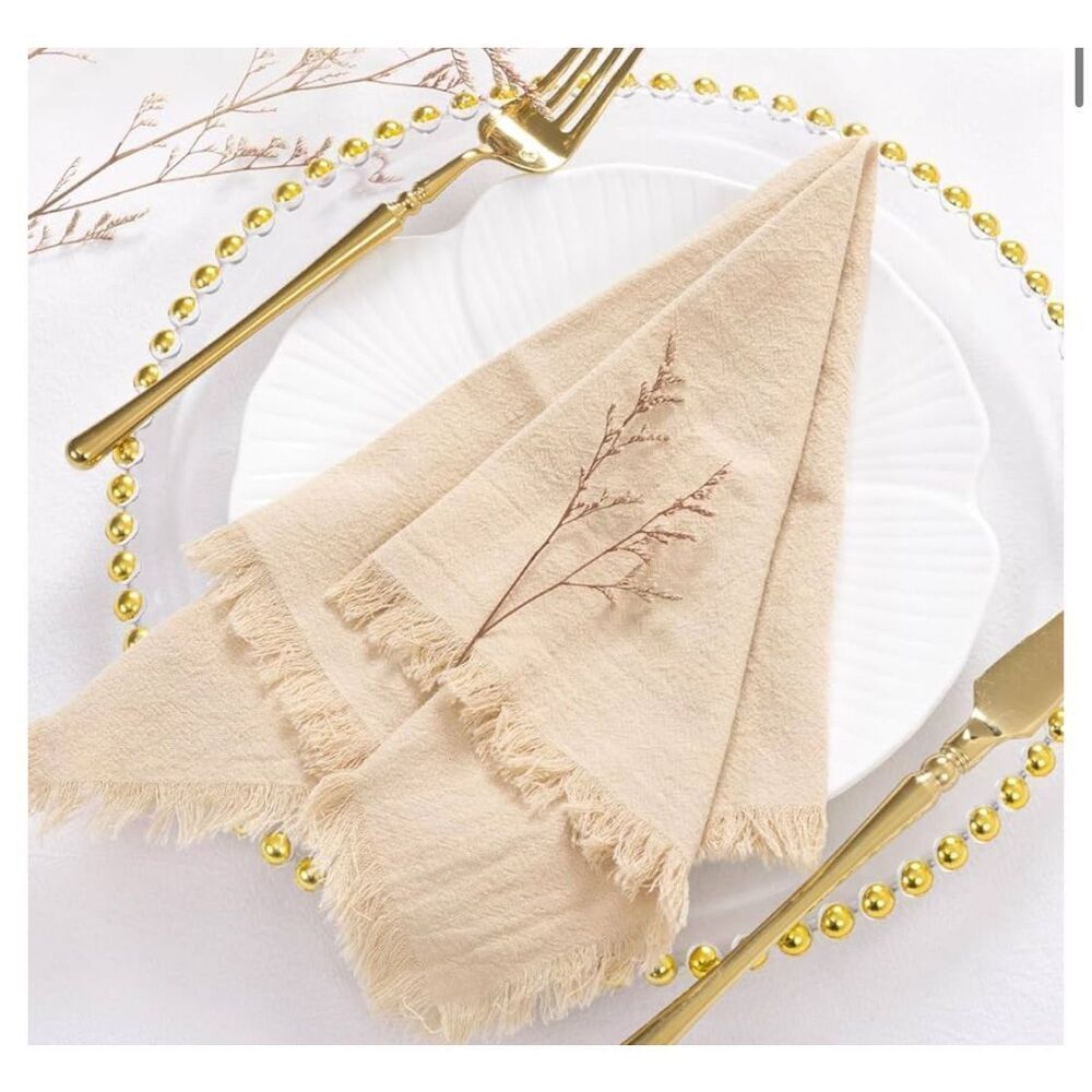 NEW 6 Pk Handmade Cloth Napkins Cotton Linen Fringe Champagne